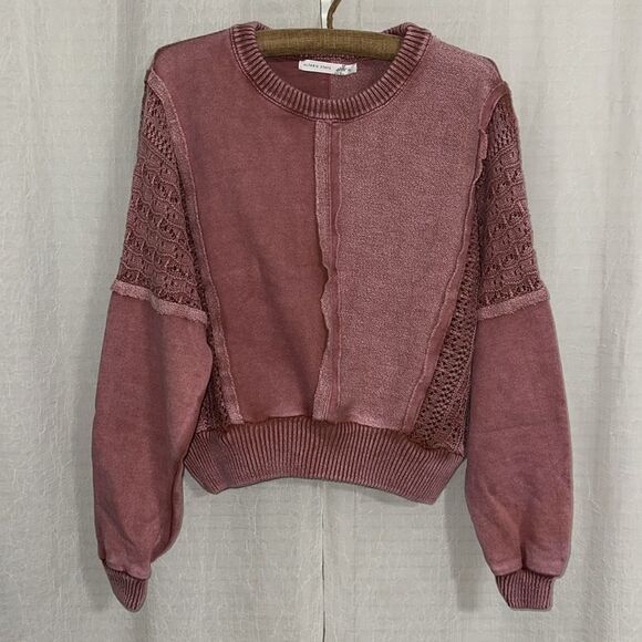 ALTAR’D STATE M Jenna Ash Rose Pink Stone Washed Crochet Pieced Crewneck Top - Picture 8 of 16